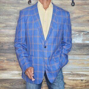Custom Nicholas Joseph Lana Seta Super 130's Italy Blue Windowpane Jacket 44R